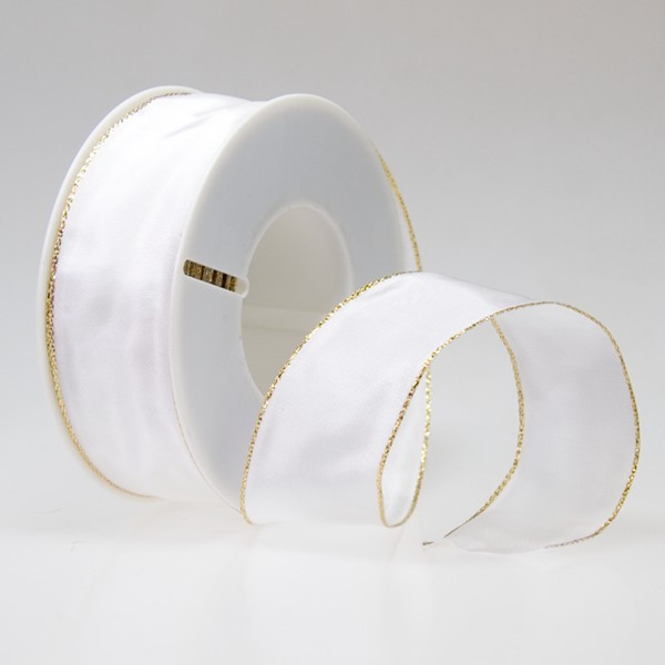 Dekorační stuha acetová s drátkem ACETO - bílá + zlatá (40 mm, 25 m/rol)