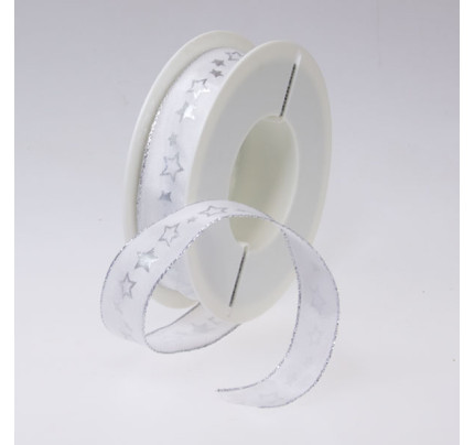 Dekorační stuha s drátkem STARDANCE - bílá + stříbrná (25 mm, 20 m) 